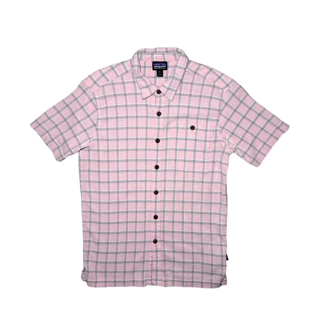 Patagonia Short Sleeve Plaid Button Down Shirt Mens XS Pink Organic Cotton - Picture 3 of 8
